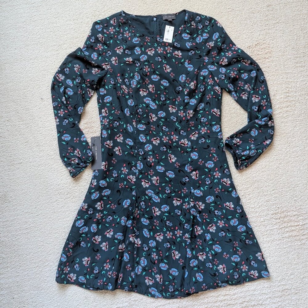 NEW The Limited Long Sleeve Midi Flare Dress Floral Print Teal Women's 4 Small